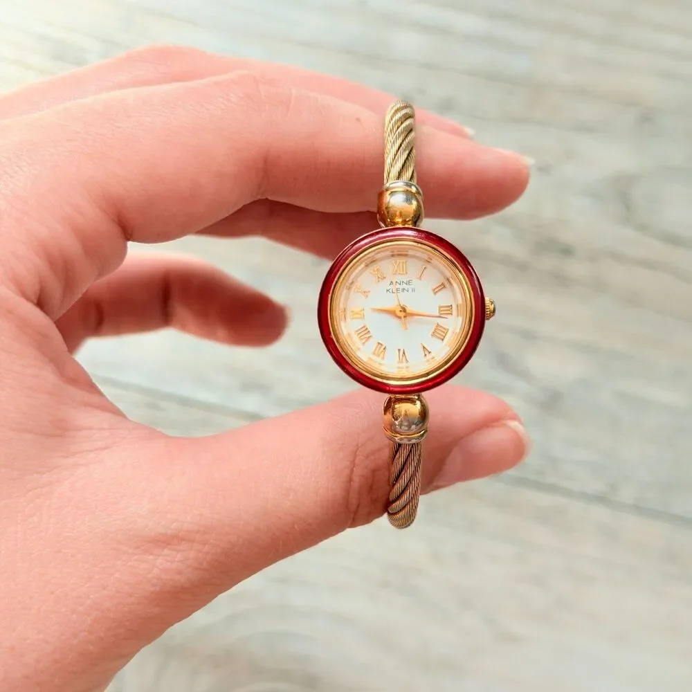 Vintage Anne Klein II Gold Tone Cable Bracelet Watch Red Bezel Roman Dainty